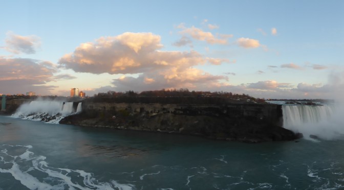 Panorama of Niagara Falls at dusk